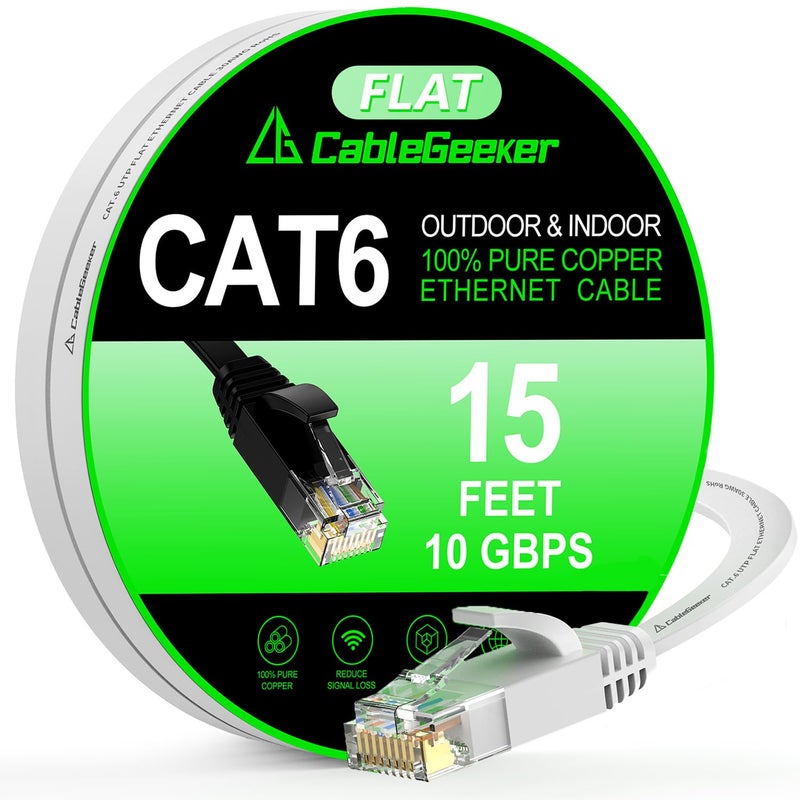 CableGeeker Cat 6 Ethernet Cable 15ft, Indoor&Outdoor, High Speed 10Gbps Flat Internet Network Cable, Pure Copper Ethernet Patch Cable Short, Cat6 Computer Cable with Snagless RJ45 Connectors, White - Image 1